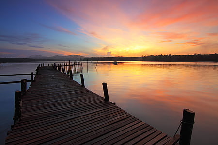 dawn, dock, dusk, jetty, lake, pier, sky