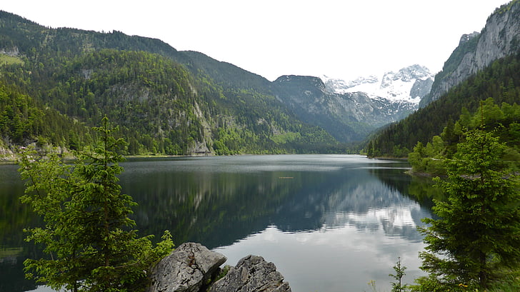 Austrija, ežeras, kalnų peizažas, Alpių, Gamta