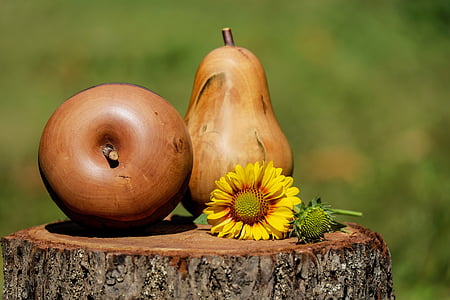 Apple, madera, marrón, fruta, decoración, Holzapfel, pera