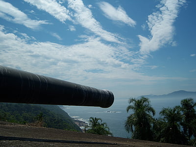 Cannon, mynningen av kanon, starka, fästning, Praia grande, gamla kanonen