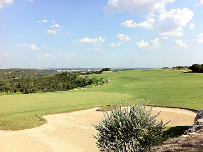 Golf, curs, verd, herba, paisatge, complex, recreació