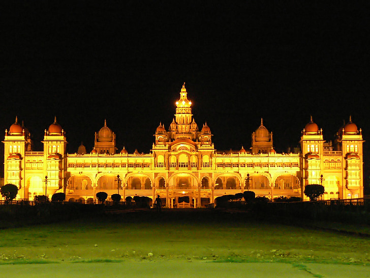 mysore palace, architecture, illuminated, night, karnataka, india, landmark