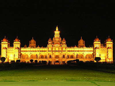 Mysore palác, Architektura, osvětlené, noční, Karnátaka, Indie, orientační bod