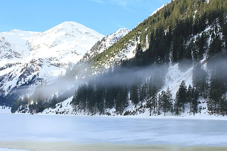 bergsee, 冬天, 雪, 湖, 水山