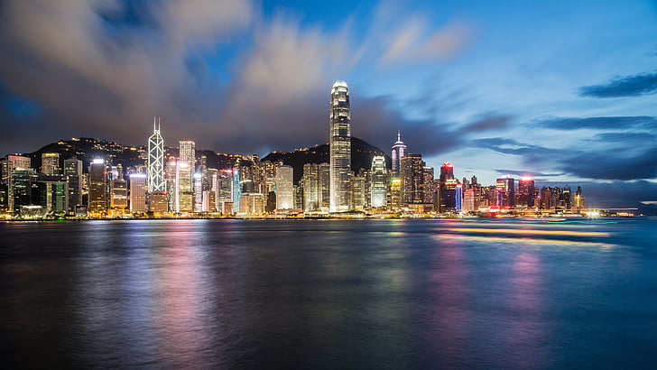 Hong kong, Chine, nuit, paysage urbain, littoral, Côte, océan
