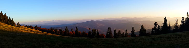 mäed, Panorama, Vaade, Sunset, Kuutõus kadakasel karjamaal, tops, Sügis