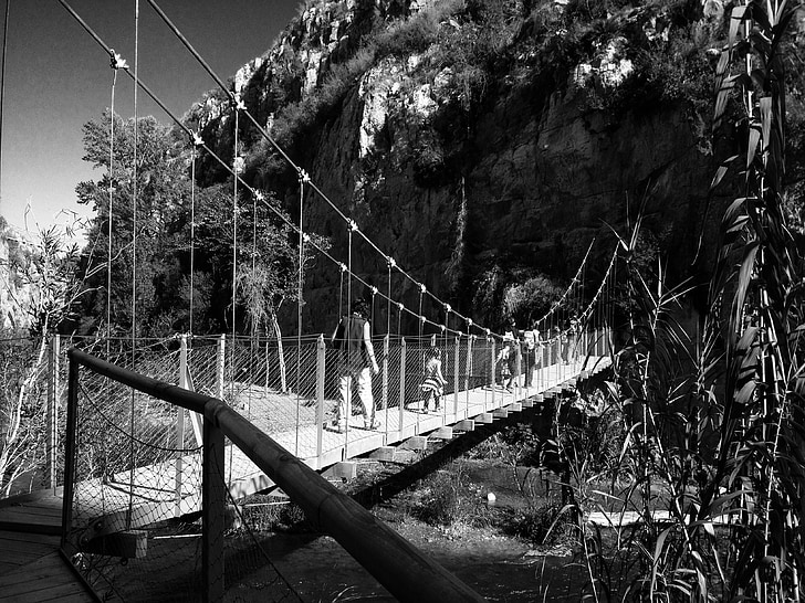 ponte, Rio, pingente, porta de entrada, paisagem, montanha, preto e branco