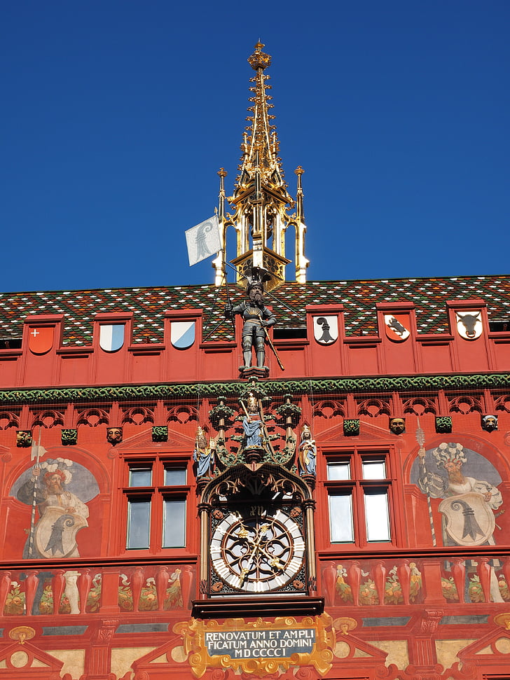 basel city hall, clock, town hall clock, time, time indicating, facade, town hall