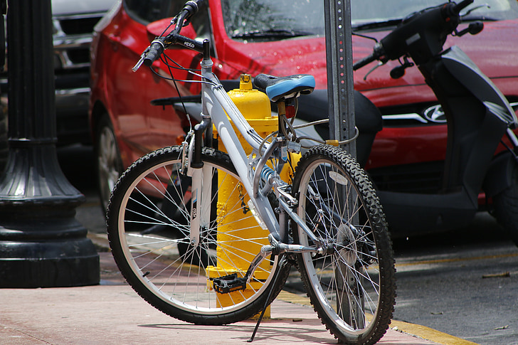 velosipēds, dzeltena, sarkana, pilsēta, ielas