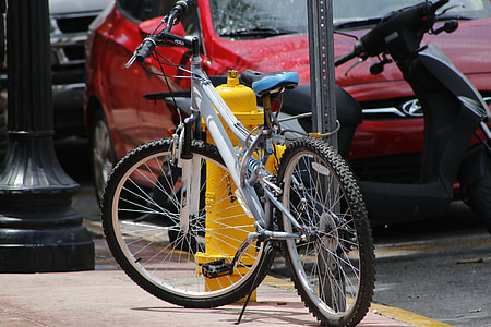 자전거, 노란색, 레드, 도시, 거리