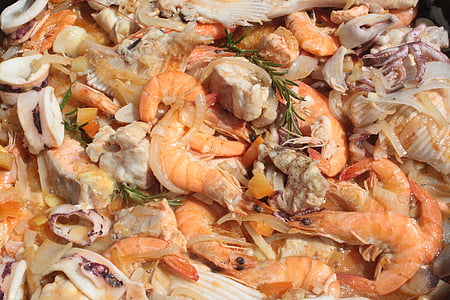 schaal-en schelpdieren, garnalen, mediterrane keuken, voedsel, scampi 's, vis, squid