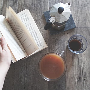 thee, pot, hete, drankje, koffie, tabel, boek