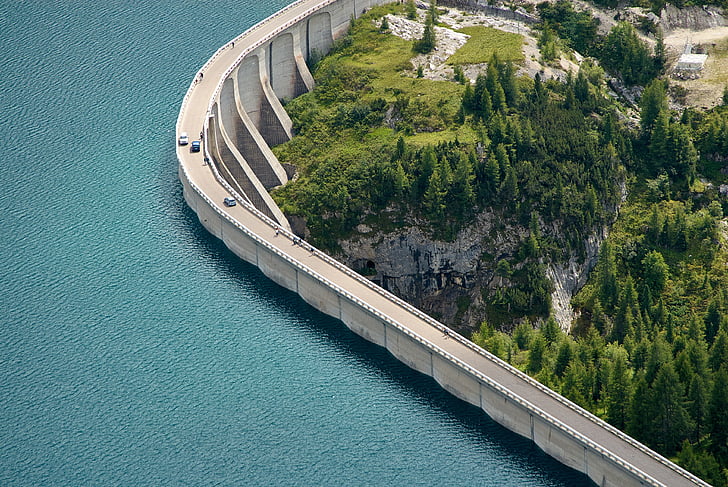 reservoir, dam, water, fedaiasee, alpine, landscape, wall