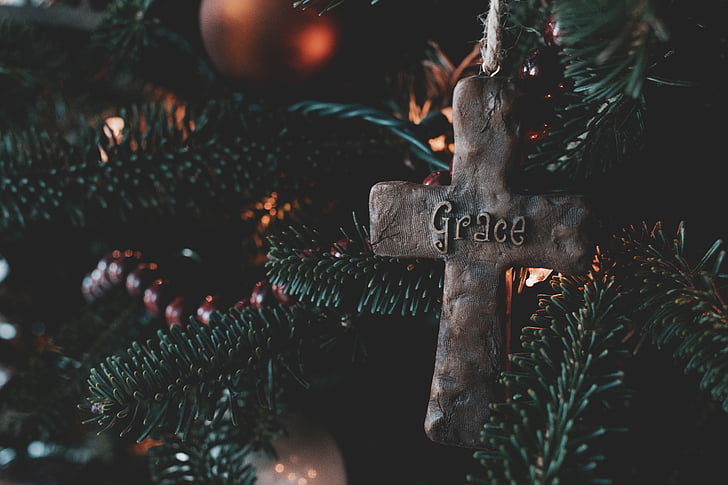 celebracja, Boże Narodzenie, Boże Narodzenie ball, Boże Narodzenie światła, drzewo iglaste, Krzyż, ciemne