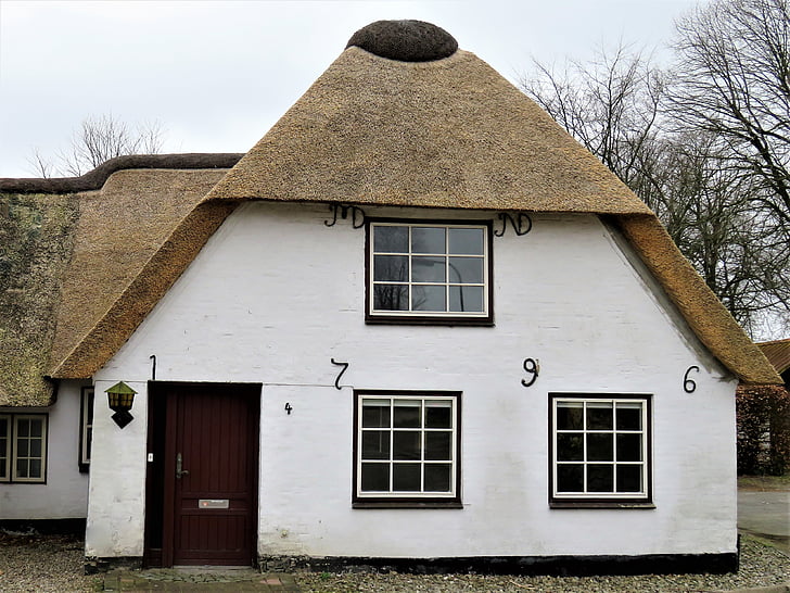 thatched cottage, danish house, protected monument, 18, century, restored, new thatched roof