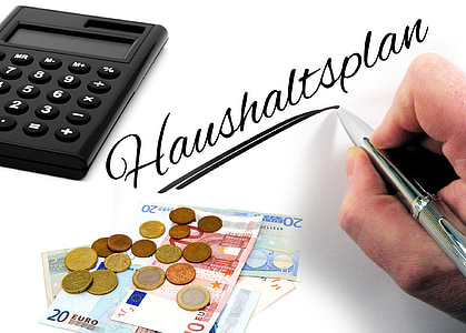 Budžets, kalkulators, roka, pildspalva, eiro, monētas, skaits