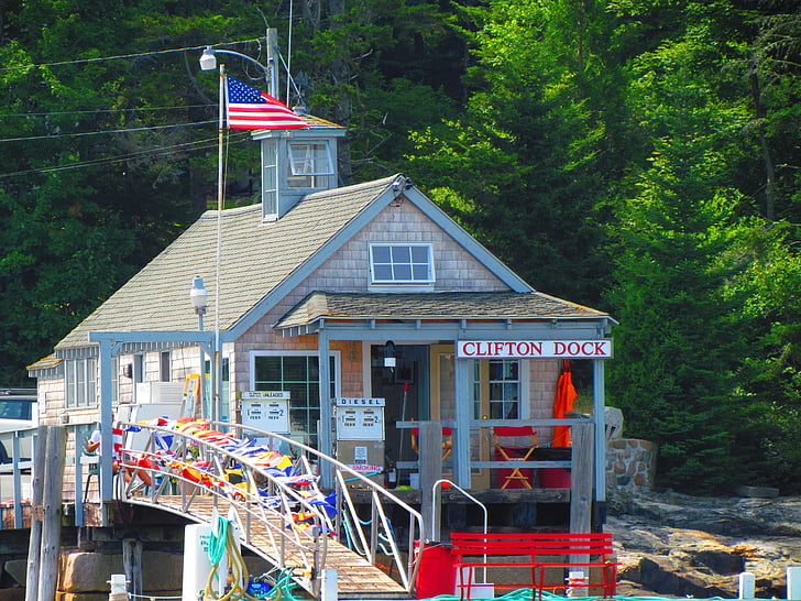 Clifton dock, Stacja dokująca, Maine, Flaga Amerykańska, Harbour