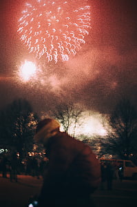 oameni, vizionarea, focuri de artificii, cuplu, foc, fericit, vacanta