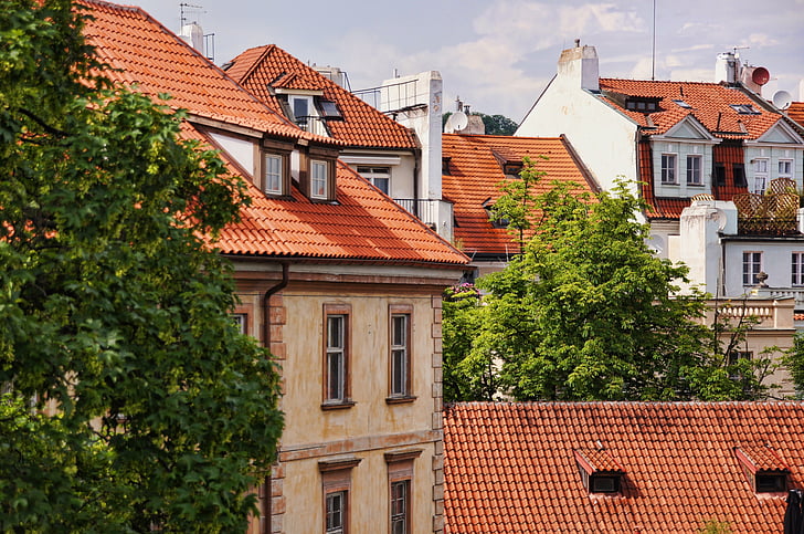 telhados, bowever, Prague, telhado de casa, fachada, contrastes, estruturas