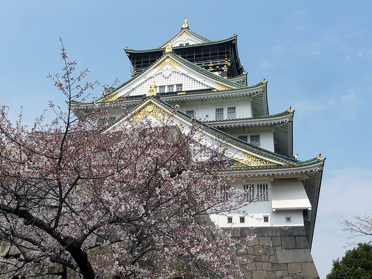 Japán, Osaka, Castle, Chuo-ku, Landmark, tavaszi, Sakura