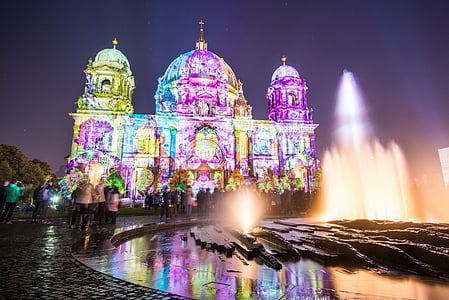 Berlin cathedral, fontána, Berlín, Festival, z, svetlá, ilúzia
