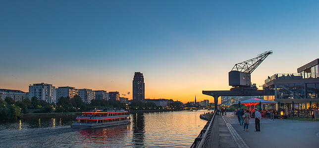 Frankfurte pie Mainas, galvenais, saulriets, abendstimmung, Frankfurte pie Mainas galvenā, upes, krēslas stundā