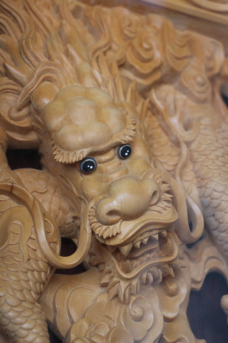 Dragon, skulptur, träsnideri, arkitektur, Asia, staty