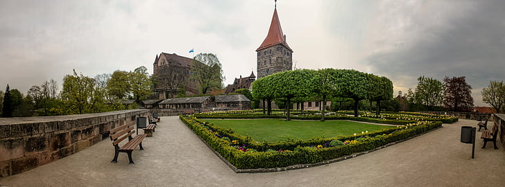 Nuremberg, Castelo, Heldenplatz, Torre, Burghof, Primavera, arquitetura