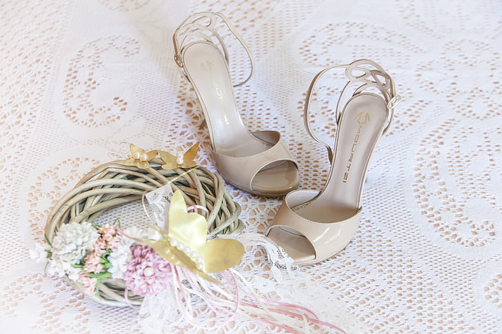 kvinna, sandaler, bröllopsklänningar, bruden, dekoration, klackar, skon