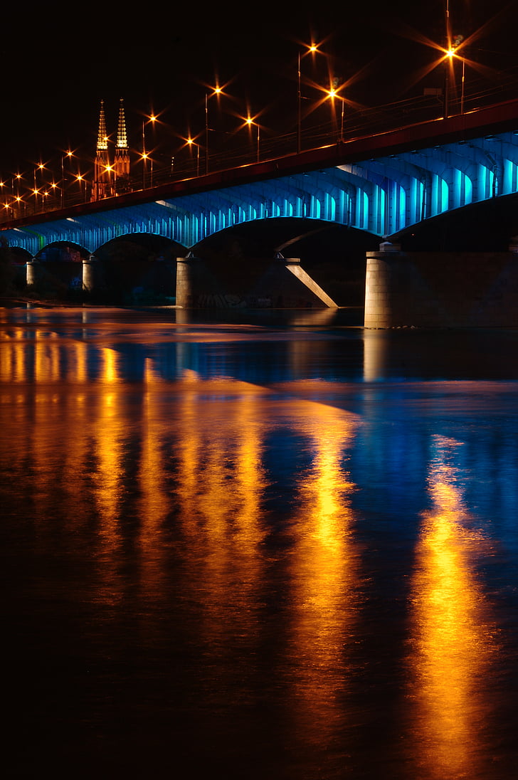 Varšava, tilts, naktī, ilgs iedarbības, Vecrīgā, Vecrīgā, viadukts