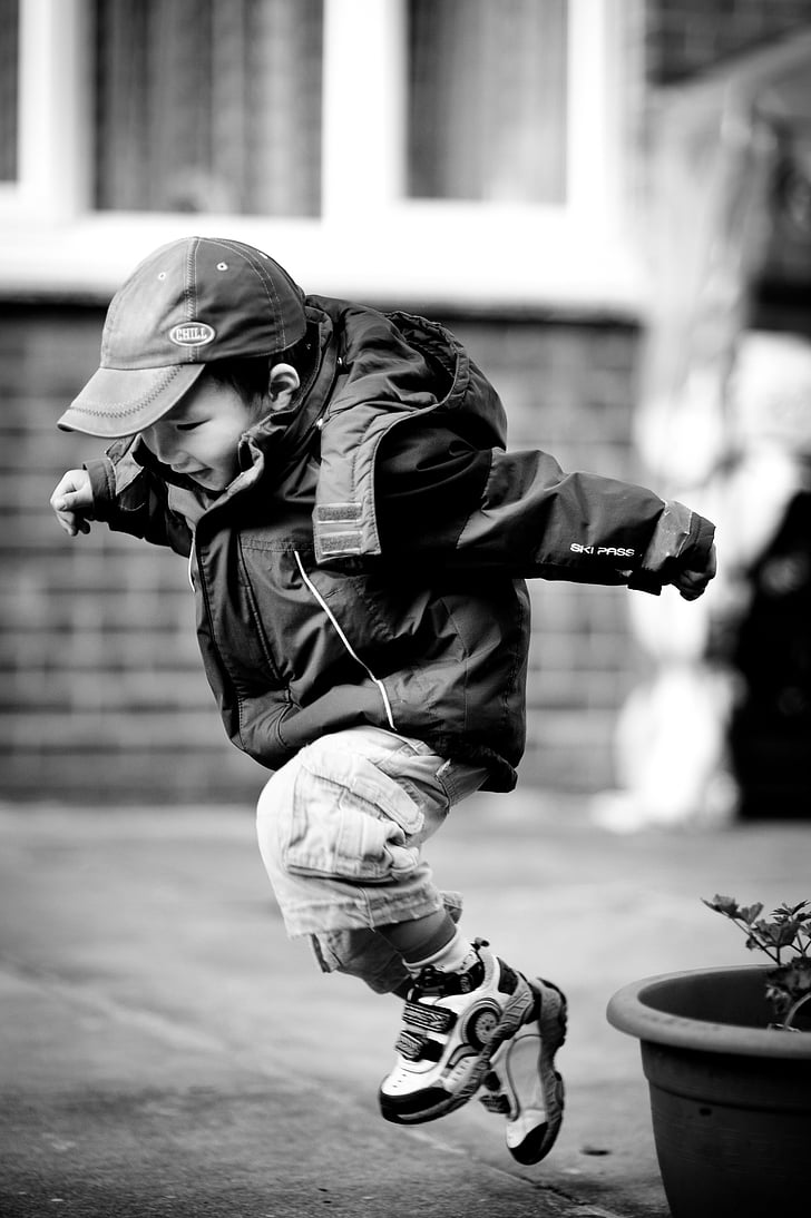 jumping, child, leaping, happy, play, outdoors, black and white