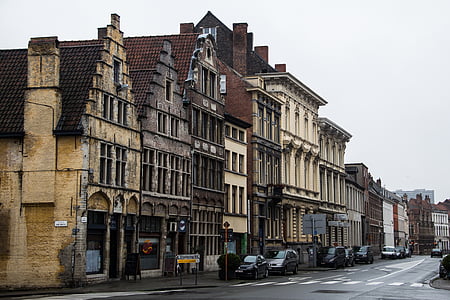 Gent, Belgia, fasad, lama, bangunan, arsitektur, batu bata