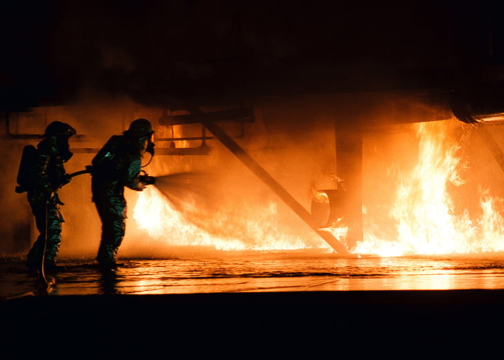 firefighter, training, simulated plane fire, flames, hot, heat, dangerous