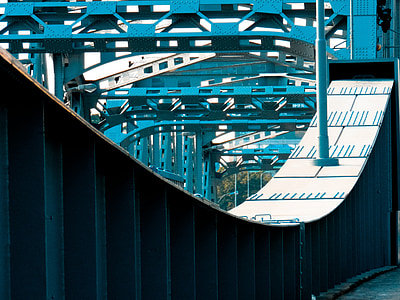 Jembatan besi, geometris, abstrak, biru, hijau, logam, baja
