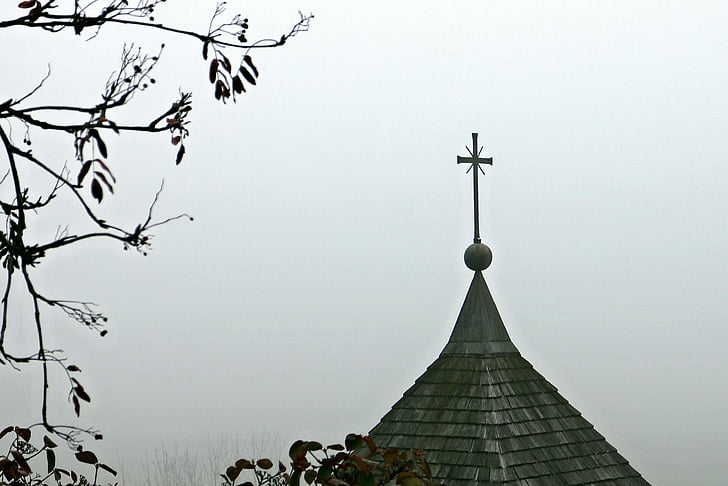 cross, christianity, symbol, spire, fog, shadow, light