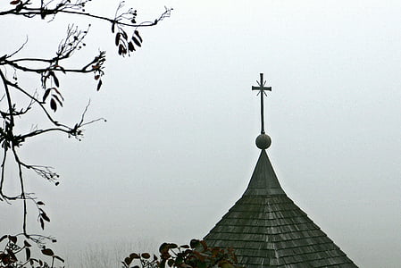 Salib, Kekristenan, simbol, puncak menara, kabut, bayangan, cahaya