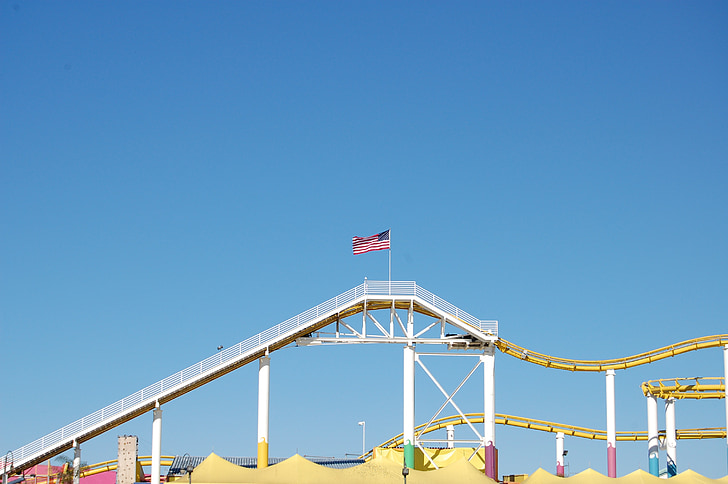 въртележка на увеселителен парк, флаг, САЩ, небе, синьо, безоблачно, светъл