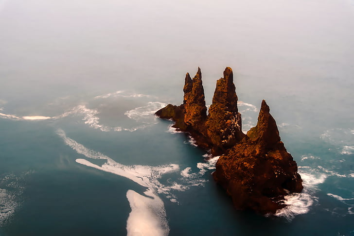 iceland, sea, ocean, water, formations, outcrop, crag