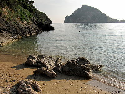 sjøen, Korfu, sand, steiner, reservert, vann, resten