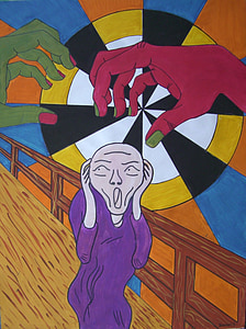 Munch scream, odcudzenie, Akvarel, cítil tip perá, farebné, práce študentov, obrázok