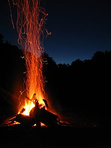 fire, spark, campfire, flame, blaze, orange, camping