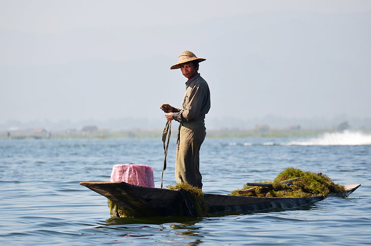 Fischer, inlesee, Inle lake, sjön inle, bambu korg, singel-ben-roddare, Myanmar