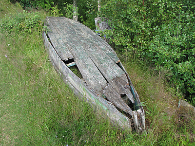 boat, old, lake, wood, wreck, park, grass
