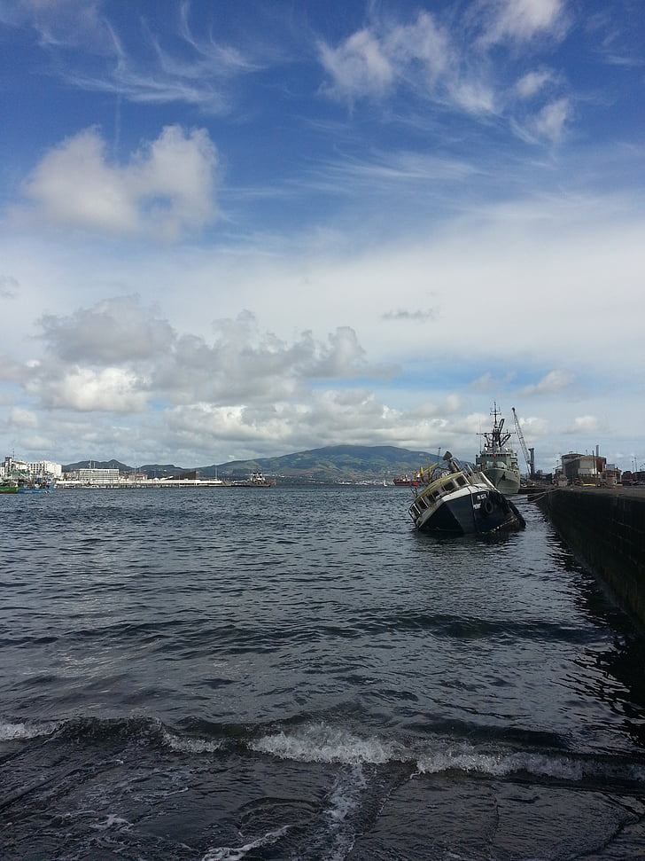 gemi, batan, bağlantı noktası, bulutlar, Ponta delgada