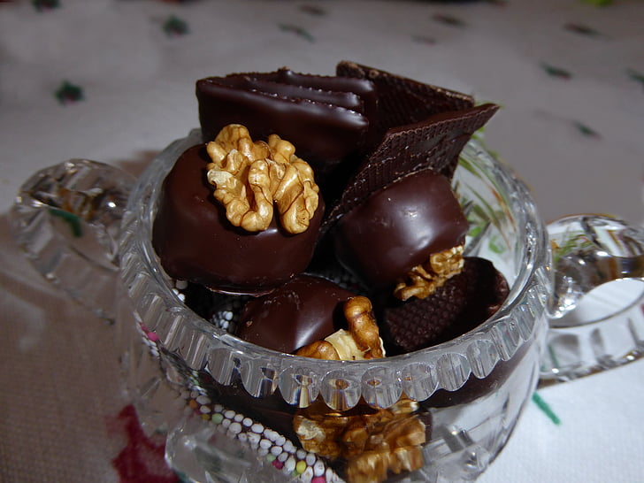 chocolates, walnut pralines, chocolate, sweet, benefit from, candy, glass bowl