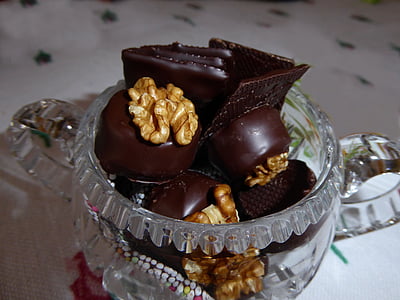 巧克力, 核桃果仁, 巧克力, 甜, 受益于, 糖果, 玻璃碗