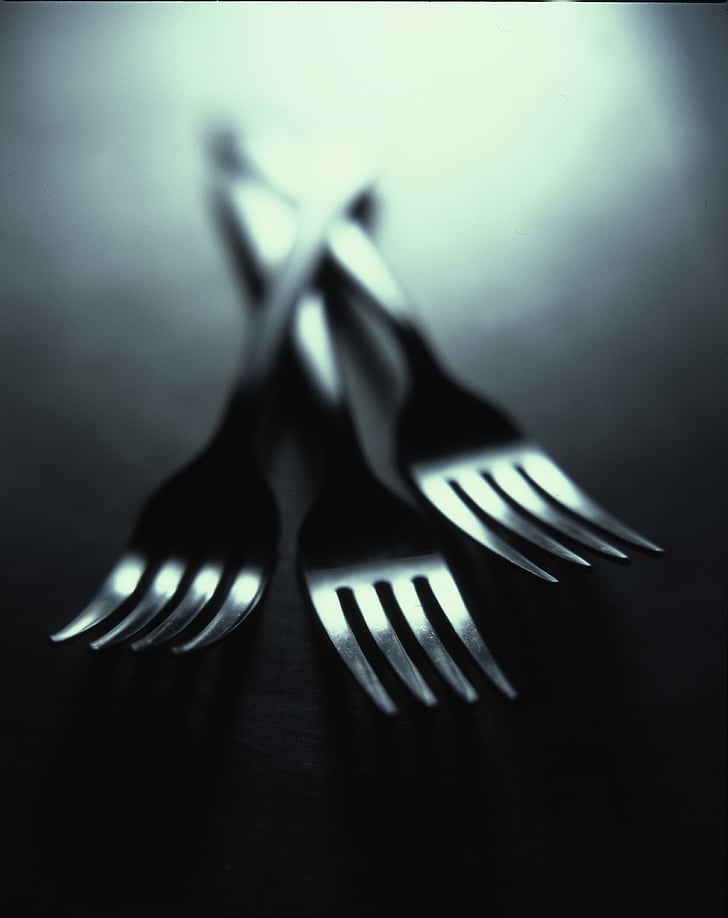 three, silver, forks, utensils, dark, fork, no people