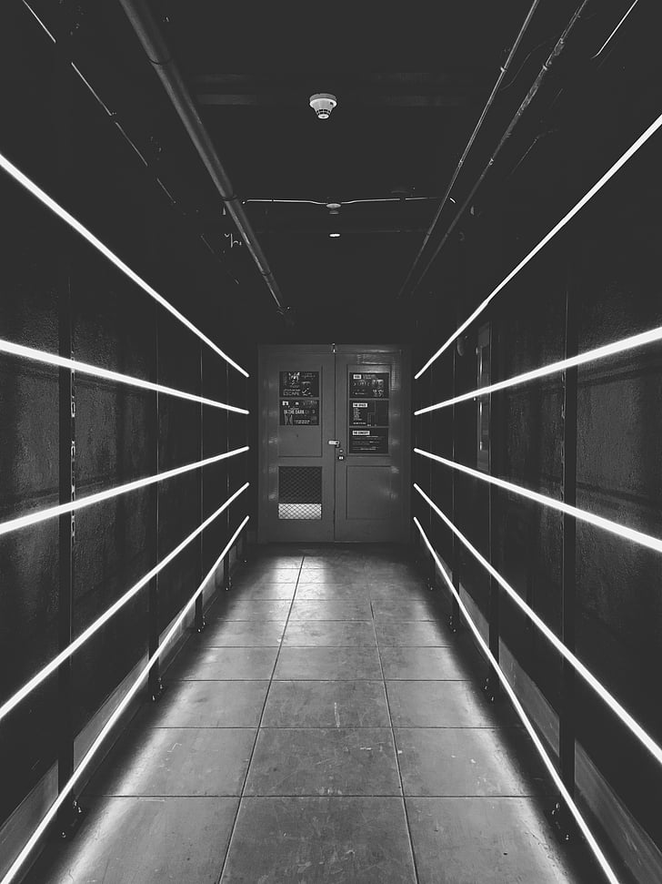 black-and-white, blur, dark, door, hallway, indoors, platform