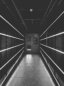 black-and-white, blur, dark, door, hallway, indoors, platform
