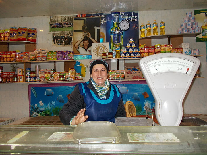 Boutique, commerce, Ukraine, pauvreté, de style soviétique, le vendeur, femme